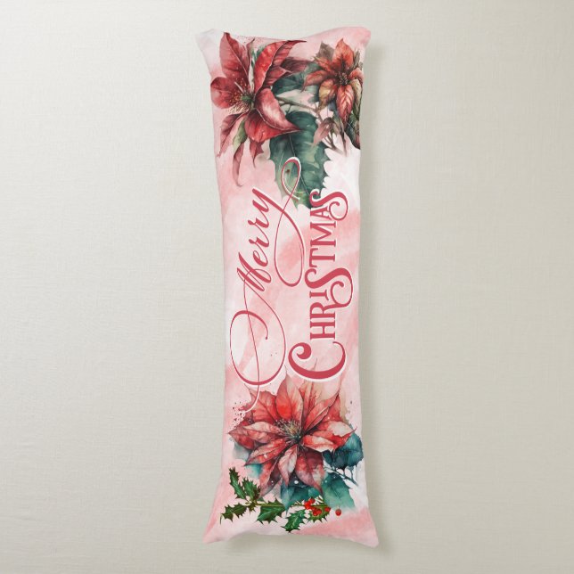 Watercolor Red Poinsettia Mistletoe Name Christmas Body Pillow (Front Vertical)