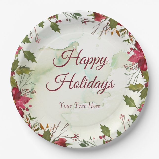 Watercolor Red Poinsettia Paper Plate (Front)