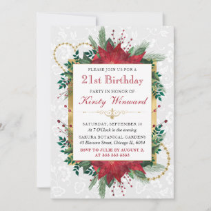 Watercolor Red Poinsettia Winter 21st Birthday Invitation