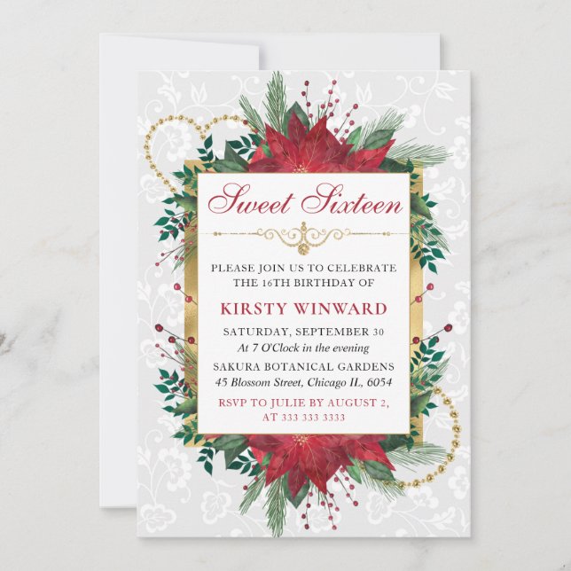 Watercolor Red Poinsettia Winter Sweet Sixteen Invitation (Front)