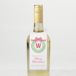 Watercolor Red Polka Dot Bow Monogram Wreath Bottle Tag