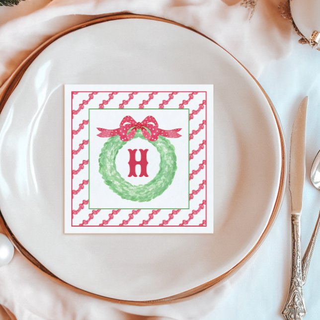 Watercolor Red Polka Dot Bow Monogram Wreath Napkin (Creator Uploaded)