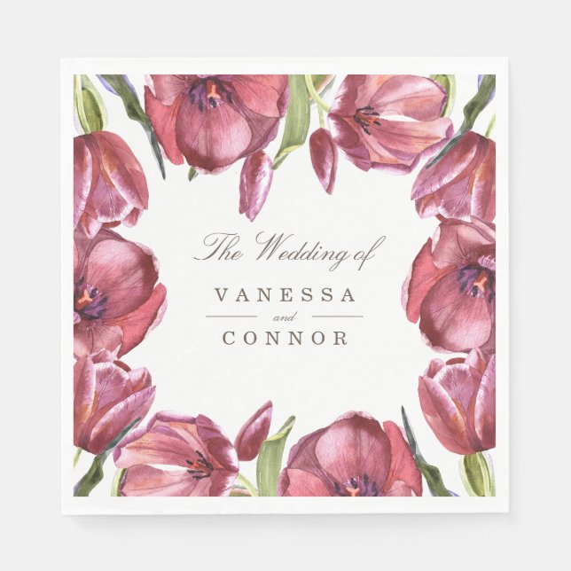 Watercolor red Poppies and your names wedding Napkin (Front)