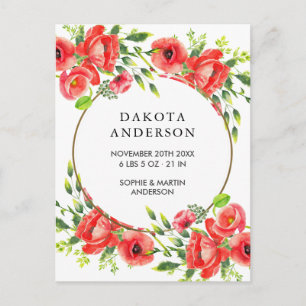 Watercolor Red Poppies Birth Announcement Postcard