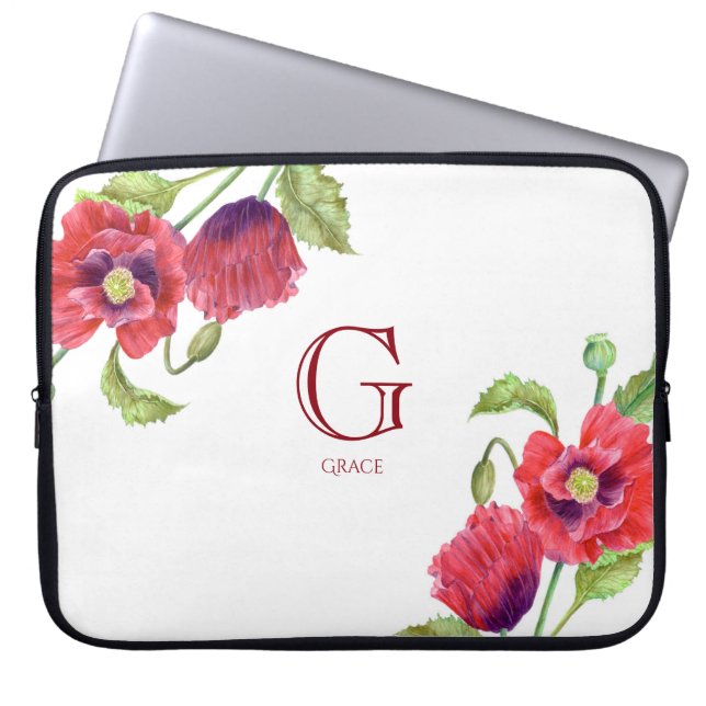 Watercolor Red Poppies Botanical Floral Monogram Laptop Sleeve (Front)