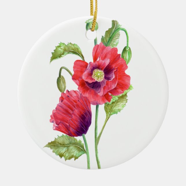 Watercolor Red Poppies Floral Art Ceramic Ornament (Front)