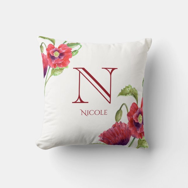 Watercolor Red Poppies Floral Art Monogram Throw Pillow (Front)