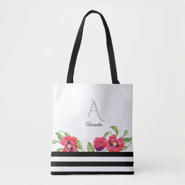 Watercolor Red Poppies Floral Art Monogram Tote Bag (Front)