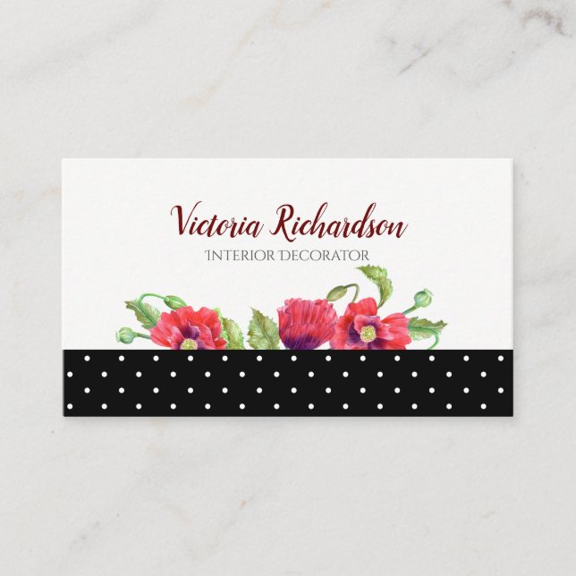 Watercolor Red Poppies Floral Design Business Card (Front)