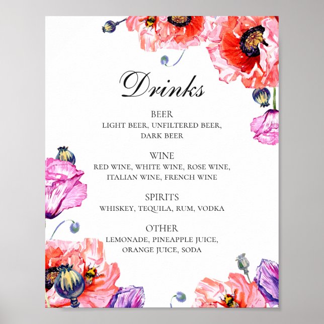 Watercolor red poppies. Floral wedding drinks bar Poster (Front)