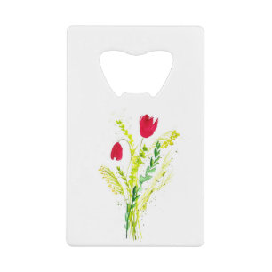 Watercolor Red Poppies Greenery Wildflowers Rustic Credit Card Bottle Opener