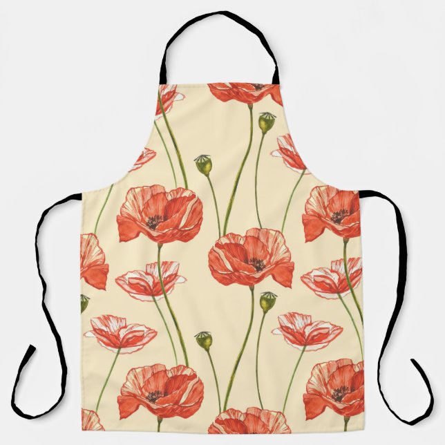 Watercolor Red Poppies Pattern. Apron (Front)