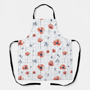 Watercolor Red Poppies Pattern on White Apron
