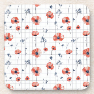 Watercolor Red Poppies Pattern on White Coaster