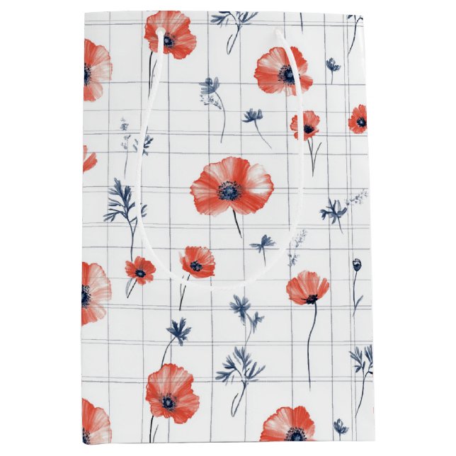 Watercolor Red Poppies Pattern on White Medium Gift Bag (Front)
