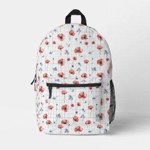 Watercolor Red Poppies Pattern on White Printed Backpack