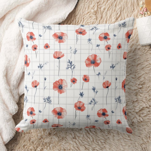 Watercolor Red Poppies Pattern on White Throw Pillow (Blanket)