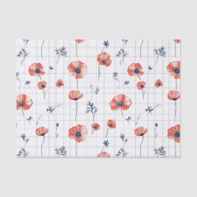 Watercolor Red Poppies Pattern on White Tissue Paper (Front)