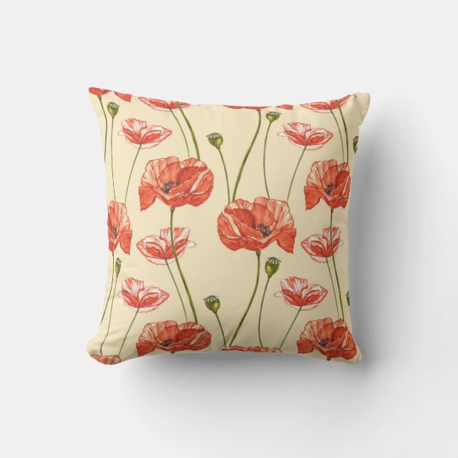 Watercolor Red Poppies Pattern. Throw Pillow (Front)