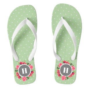 Watercolor Red Poppies Pink Rose Polka Dots Flip Flops