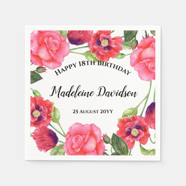 Watercolor Red Poppies Pink Rose Wreath Design Napkin (Front)