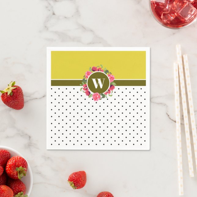 Watercolor Red Poppies Pink Rose Wreath Monogram Napkin (Insitu)
