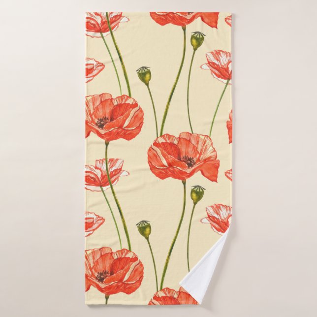 Watercolor red poppies. Seamless patterns. Wild fl Bath Towel (Bath Towel)