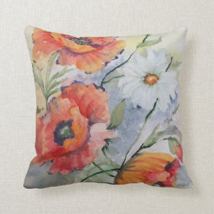 Watercolor red poppies throw pillow