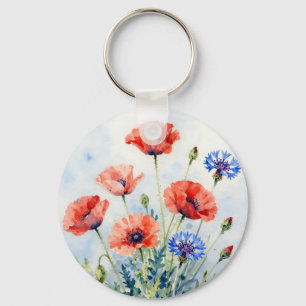 Watercolor Red Poppy Blue Cornflower Bouquet Keychain