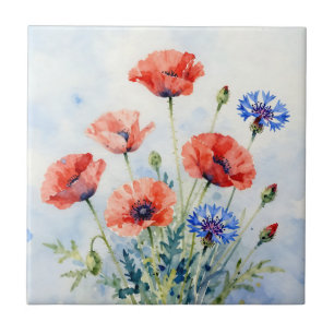 Watercolor Red Poppy Blue Cornflower Bouquet Tile