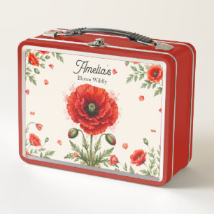 Watercolor Red Poppy Floral Monogram Girl School Metal Lunch Box