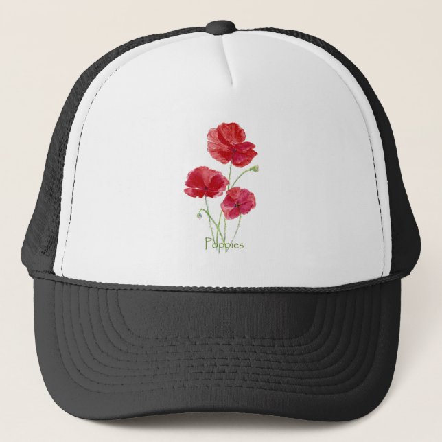 Watercolor Red Poppy Flower Floral Painting Trucker Hat (Front)