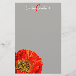 Watercolor Red Poppy Flower & Name Stationery