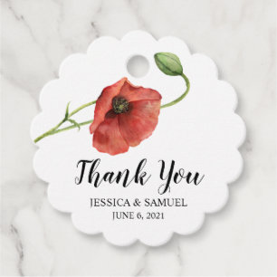 Watercolor Red Poppy Flower Wedding Thank You Favour Tags