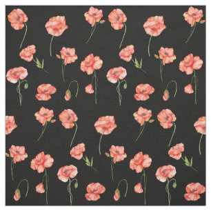 Watercolor Red Poppy Flowers Floral Black Fabric