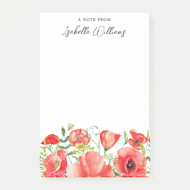 Watercolor Red Poppy Flowers Personalized Post-it Notes (Front)