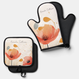 Watercolor red poppy painting oven mitt & pot holder set