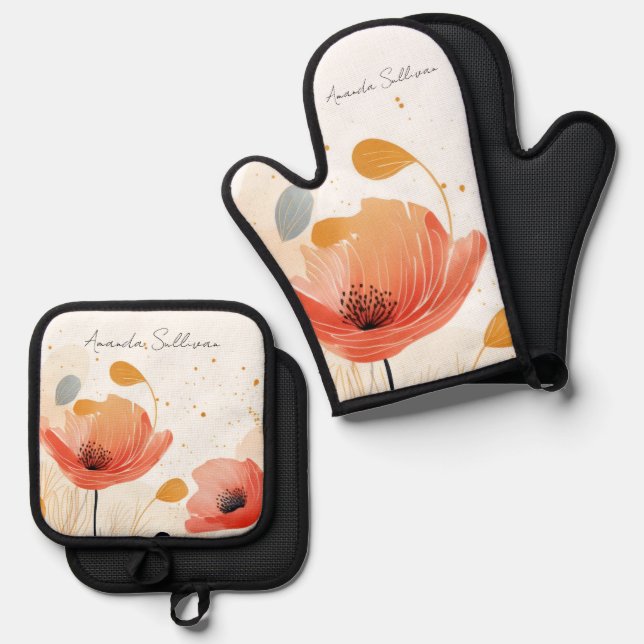 Watercolor red poppy painting oven mitt & pot holder set (Front/Back)