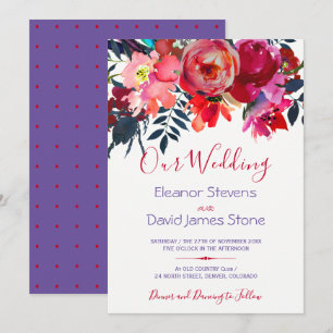 Watercolor red purple peony bouquet wedding invitation