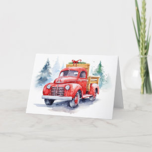 Watercolor Red Retro Christmas Truck Holiday Card