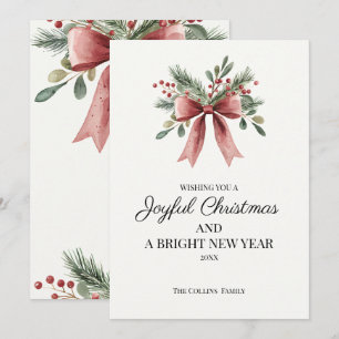 Watercolor Red Ribbon Bow Berries Rustic Christmas Holiday Card