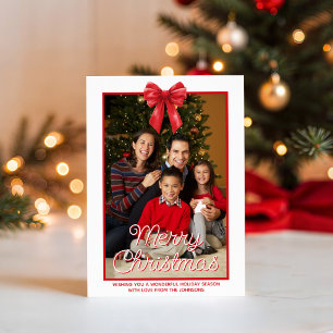 Watercolor Red Ribbon Full Photo Merry Christmas Holiday Card