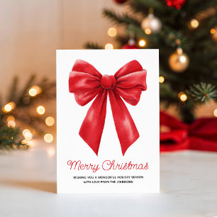 Watercolor Red Ribbon Merry Christmas Holiday Card
