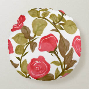 Watercolor Red Rose Bouquet Round Pillow