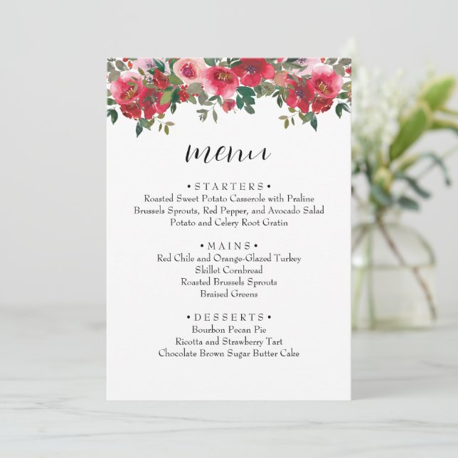 Watercolor Red Rose Floral Wedding Menu (Standing Front)