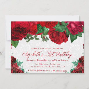 Watercolor Red Roses 21st Birthday Invitation