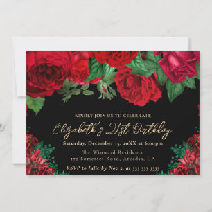 Watercolor Red Roses 21st Birthday Invitation