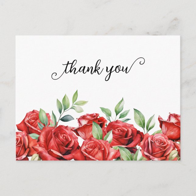 Watercolor Red Roses Border Thank You Postcard (Front)