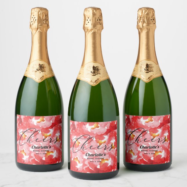 Watercolor Red Roses Bridal Shower Sparkling Wine Label (Bottles)