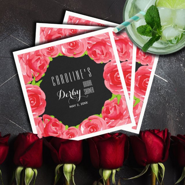 Watercolor Red Roses Derby Bridal Shower Napkin (Watercolor Red Roses Derby-Style Bridal Shower Cocktail Napkins)
